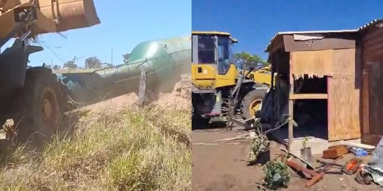 Vídeo mostra trator derrubando caixa d’água e barraco em invasão no DF