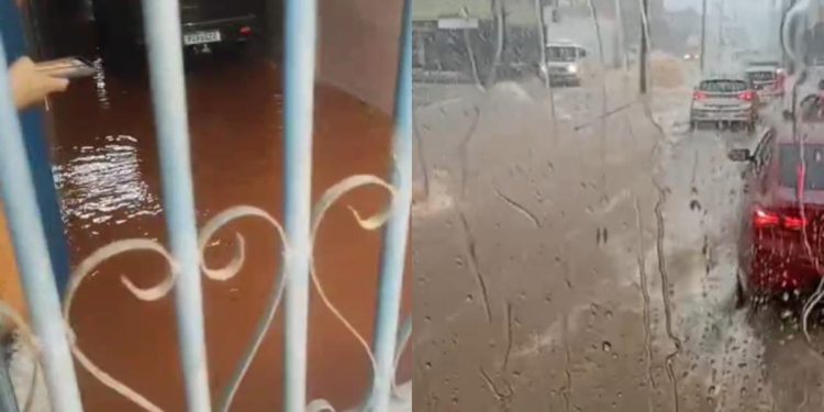Chuva causa alagamento em avenida recentemente pavimentada no DF