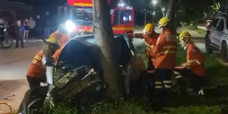 Carro bate em árvore, fica com a frente destruída e deixa 2 feridos