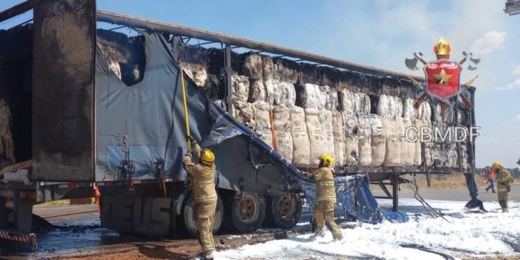 Vídeo e fotos mostram ação do CBMDF para debelar incêndio em carreta