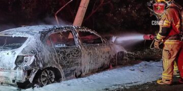 Vídeo: carro tem perda total após bater em poste e pegar fogo