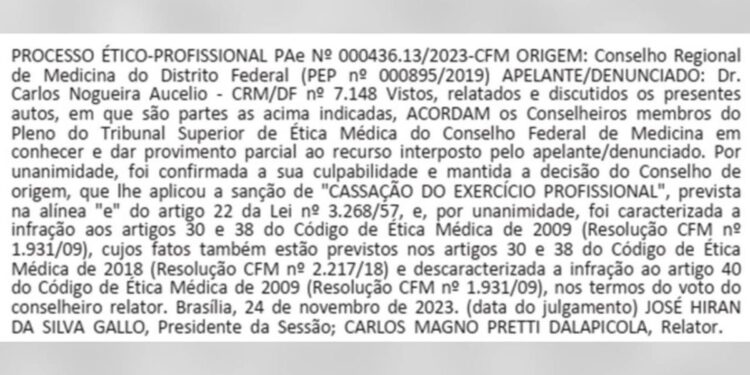 CFM cassa registro de médico do DF acusado por estupro de vulnerável