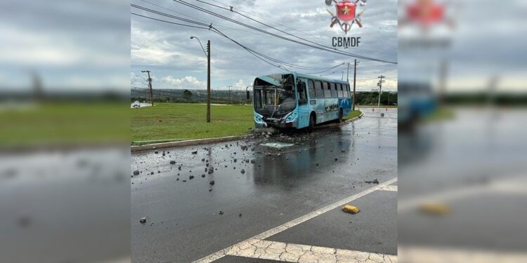 Vídeo: ônibus bate em poste de energia, e motorista fica ferido