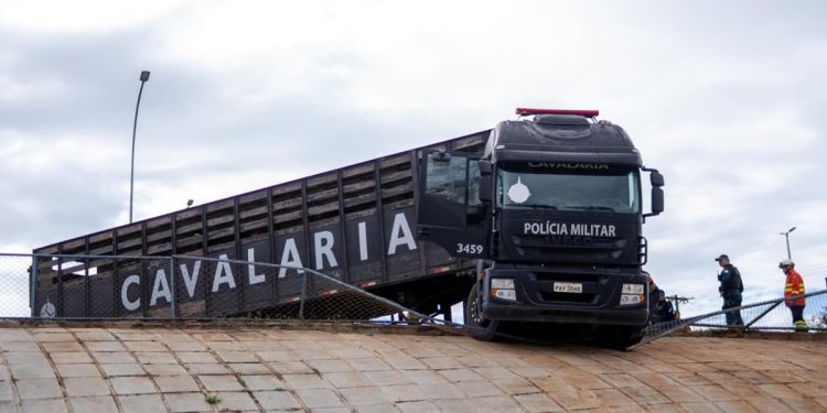Caminhão da cavalaria da PMDF derrapa e colide com cerca em via no DF